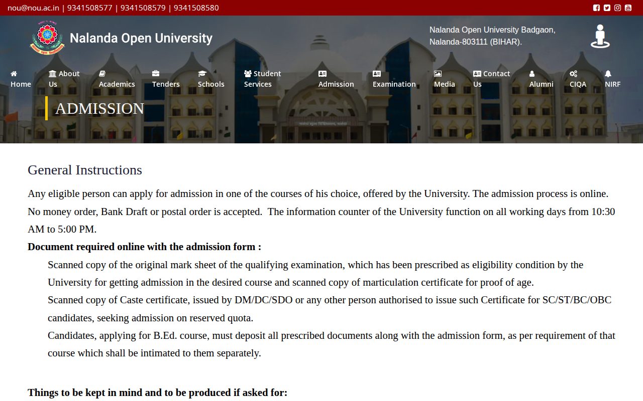 Official NOU page on nou.ac.in: check main university admission guidelines
